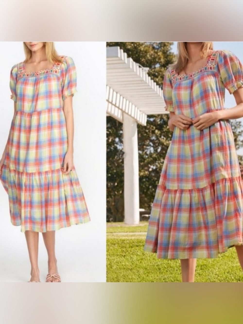 Johnny Was Delacey Rainbow Plaid Square Neck Midi Dress - Size L (fits up to XL)